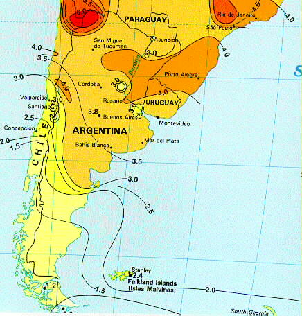 Solar Insolation Map - Southern South America