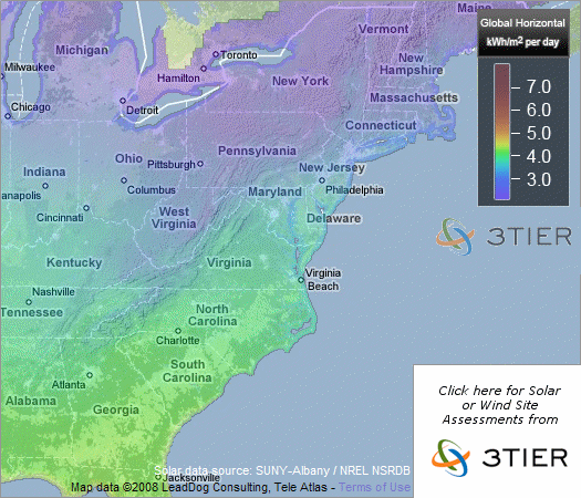 Solar Insolation Map of the Atlantic Seaboard United States