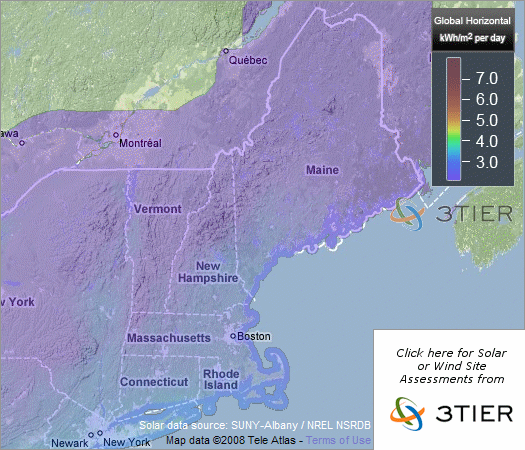 Solar Insolation Map of the New England United States