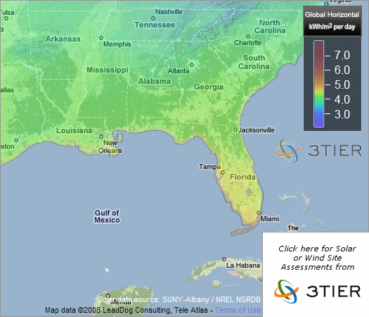 Solar Insolation Map of the Southeast United States